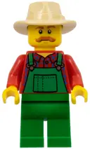 Minifigurka: HOL100:  Farmer - Green Overalls over Red Plaid Shirt, Green Legs, Tan Fedora, Moustache