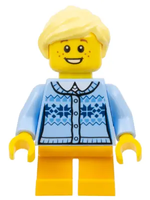 HOL103:  Girl - Fair Isle Sweater, Bright Light Yellow Ponytail, Bright Light Orange Legs Short, Freckles