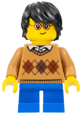 HOL104:  Child - Boy, Medium Nougat Argyle Sweater, Blue Short Legs, Black Tousled Hair, Glasses, Freckles