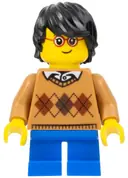 Minifigurka: HOL104:  Child - Boy, Medium Nougat Argyle Sweater, Blue Short Legs, Black Tousled Hair, Glasses, Freckles