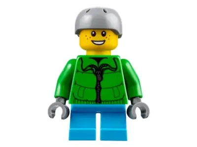 HOL105:  Boy, Winter Jacket Zipper, Dark Azure Short Legs, Light Bluish Gray Sports Helmet