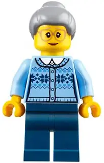 HOL106:  Grandmother - Fair Isle Sweater, Light Bluish Gray Hair with Top Knot Bun, Dark Blue Legs, Glasses