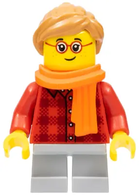 HOL117:  Child - Girl, Red Plaid Flannel Shirt, Light Bluish Gray Short Legs, Medium Nougat Ponytail Hair, Freckles, Glasses, Orange Scarf