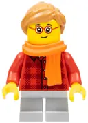 Minifigurka: HOL117:  Child - Girl, Red Plaid Flannel Shirt, Light Bluish Gray Short Legs, Medium Nougat Ponytail Hair, Freckles, Glasses, Orange Scarf