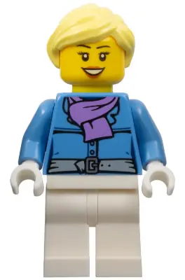 HOL126:  Female, Jacket with Medium Lavender Scarf, White Legs, Bright Light Yellow Ponytail, Open Mouth Smile