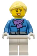 Minifigurka: HOL126:  Female, Jacket with Medium Lavender Scarf, White Legs, Bright Light Yellow Ponytail, Open Mouth Smile