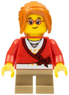 HOL127:  Child - Girl, Sweater Cropped with Bow, Heart Necklace, Dark Tan Short Legs, Dark Orange Ponytail Long with Side Bangs, Glasses, Freckles