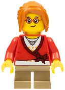 Minifigurka: HOL127:  Child - Girl, Sweater Cropped with Bow, Heart Necklace, Dark Tan Short Legs, Dark Orange Ponytail Long with Side Bangs, Glasses, Freckles