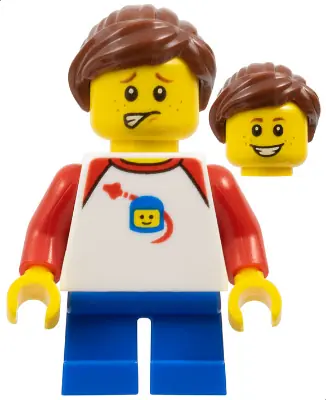 HOL132:  Girl - Shirt with Red Collar, Spaceship Orbiting Classic Space Helmet, Blue Short Legs, Ponytail and Swept Sideways Fringe, Freckles