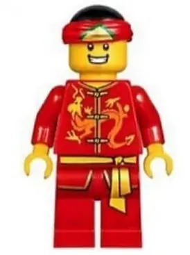 HOL134:  Dragon Dance Performer, Tied Red Bandana, Open Mouth Smile with Teeth