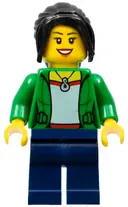 Minifigurka: HOL145:  Dragon Boat Race Spectator - Female, Green Jacket Open with Necklace, Dark Blue Legs, Black Ponytail Long with Side Bangs