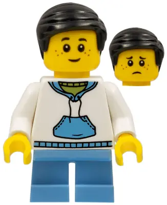 HOL146:  Child - Boy, White Hoodie with Medium Blue Pocket, Medium Blue Short Legs, Black Hair, Freckles
