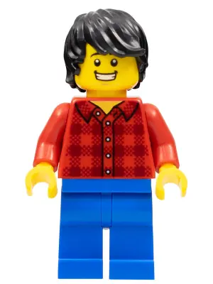 HOL158:  Dragon Boat Race Spectator - Male, Red Plaid Flannel Shirt, Blue Legs, Black Tousled Hair