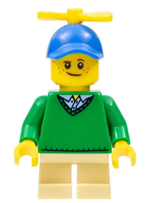 HOL163:  Boy - Freckles, Green Sweater, Tan Short Legs, Blue Cap with Tiny Yellow Propeller