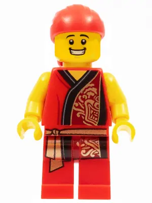 HOL179:  Lion Dance Musician, Red Head Wrap, Smile, Red Robe with Gold Dragon
