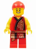 Minifigurka: HOL179:  Lion Dance Musician, Red Head Wrap, Smile, Red Robe with Gold Dragon