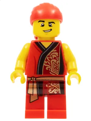 HOL181:  Lion Dance Musician, Red Head Wrap, Lopsided Grin, Raised Eyebrow, Red Robe with Gold Dragon
