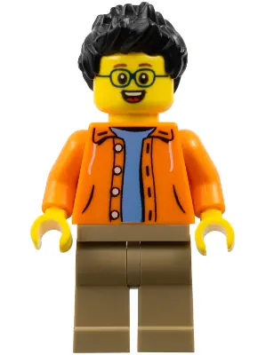 HOL185:  Man, Black Spiked Hair, Glasses, Orange Jacket, Sand Blue Shirt, Dark Tan Legs