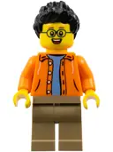 Minifigurka: HOL185:  Man, Black Spiked Hair, Glasses, Orange Jacket, Sand Blue Shirt, Dark Tan Legs