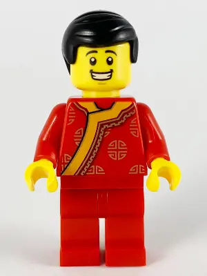 HOL186:  Toy Vendor, Black Hair, Red Changshan with Bright Light Orange Wide Hem, Gold Circles Pattern