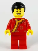Minifigurka: HOL186:  Toy Vendor, Black Hair, Red Changshan with Bright Light Orange Wide Hem, Gold Circles Pattern