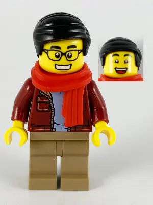 HOL187:  Man, Dark Red Jacket with Bright Light Blue Shirt, Dark Tan Legs, Red Scarf, Black Smooth Hair, Glasses