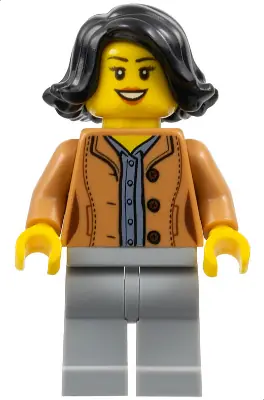 HOL188:  Woman, Black Hair, Medium Nougat Jacket, Dark Bluish Gray Shirt, Light Bluish Gray Legs