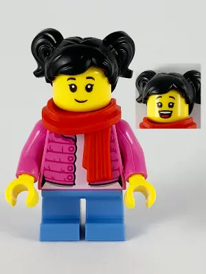 HOL189:  Child - Girl, Dark Pink Puffy Jacket, Medium Blue Short Legs, Black Hair with Pigtails, Red Scarf