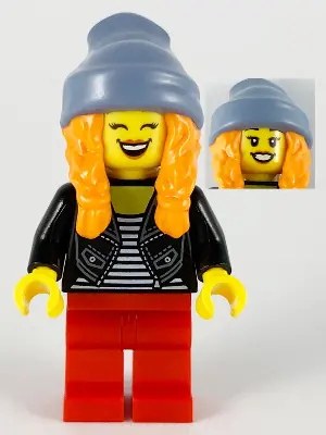 HOL191:  Woman, Sand Blue Beanie, Orange Braids, Black Jacket, Striped Shirt, Red Legs