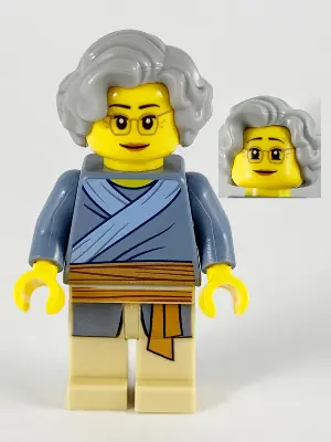 HOL192:  Porcelain Vendor, Female, Light Bluish Gray Hair, Glasses, Sand Blue Tunic, Medium Nougat Sash, Tan Legs