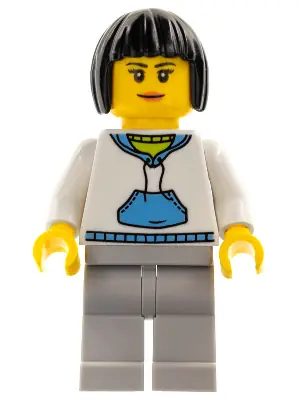 HOL193:  Woman, Black Hair, White Hoodie with Medium Blue Pocket, Light Bluish Gray Legs