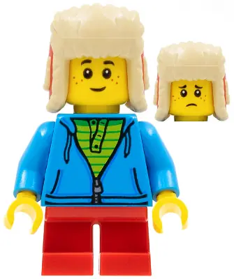 HOL194:  Child - Boy, Dark Azure Hoodie, Red Short Legs, Red and Tan Ushanka Hat, Freckles
