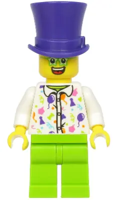 HOL197:  Birthday Party Guest, Dark Purple Top Hat, Green Glasses, White Shirt, Lime Legs