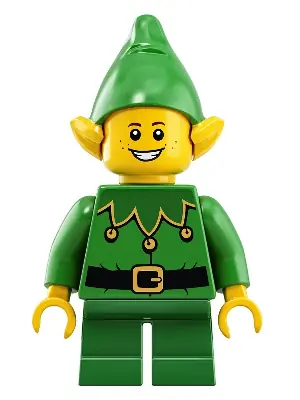 HOL204:  Elf - Green Scalloped Collar with Bells, Freckles, Open Mouth Smile with Teeth