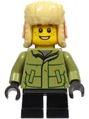 Minifigurka: HOL214:  Boy - Olive Green Winter Jacket, Black Short Legs, Ushanka Hat