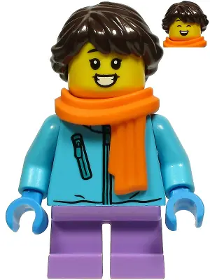 HOL215:  Girl - Medium Azure Winter Jacket, Medium Lavender Short Legs, Dark Brown Hair, Orange Scarf