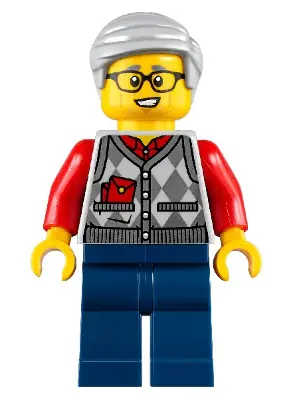 HOL221:  Grandfather, Argyle Cardigan over Red Shirt, Dark Blue Legs, Light Bluish Gray Hair