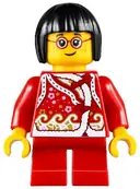 Minifigurka: HOL222:  Child - Girl, Red Shirt with Bows and Flowers, Red Short Legs, Black Short Hair, Glasses, Freckles