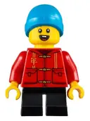 Minifigurka: HOL223:  Child - Boy, Red Tang Jacket with Hood, Black Short Legs, Dark Azure Beanie