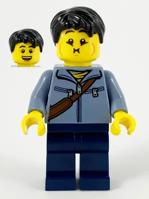 HOL226:  Man, Sand Blue Jacket and Reddish Brown Satchel, Dark Blue Legs, Black Hair