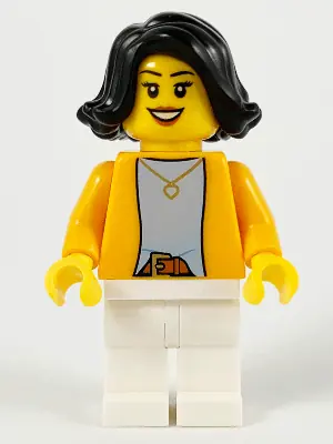 HOL227:  Woman - Bright Light Orange Jacket over Light Bluish Gray Shirt, White Legs, Black Mid-Length Hair