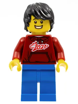 HOL228:  Man, Dark Red '2021' Shirt, Blue Legs, Black Hair