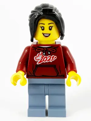 HOL229:  Woman, Dark Red '2021' Shirt, Sand Blue Legs, Long Black Hair