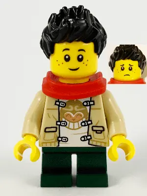 HOL230:  Child - Boy, Tan Tang Jacket, Dark Green Short Legs, Black Spiked Hair, Freckles, Red Scarf