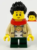 Minifigurka: HOL230:  Child - Boy, Tan Tang Jacket, Dark Green Short Legs, Black Spiked Hair, Freckles, Red Scarf