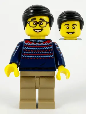 HOL231:  Man, Dark Blue Sweater, Dark Tan Legs, Black Hair, Glasses