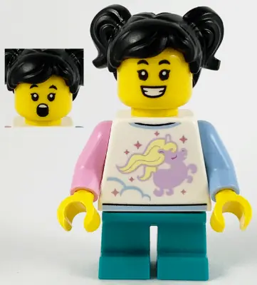 HOL232:  Child - Girl, White Shirt with Unicorn, Dark Turquoise Short Legs, Black Hair with Pigtails