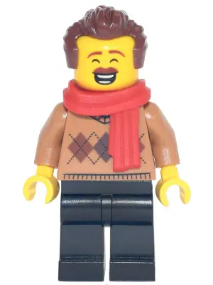 HOL254:  Dad - Medium Nougat Argyle Sweater, Red Scarf, Black Legs, Reddish Brown Hair