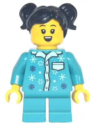 HOL256:  Girl - Dark Turquoise Pajamas, Dark Turquoise Short Legs, Black Pigtails