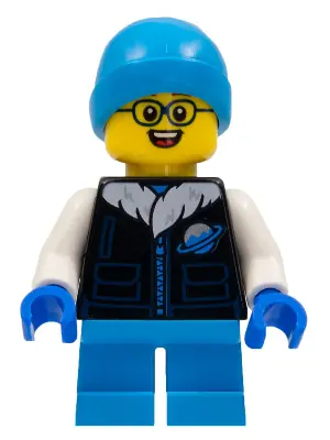 HOL259:  Child - Boy, Black Ice Planet Coat, Dark Azure Short Legs, Dark Azure Beanie, Glasses